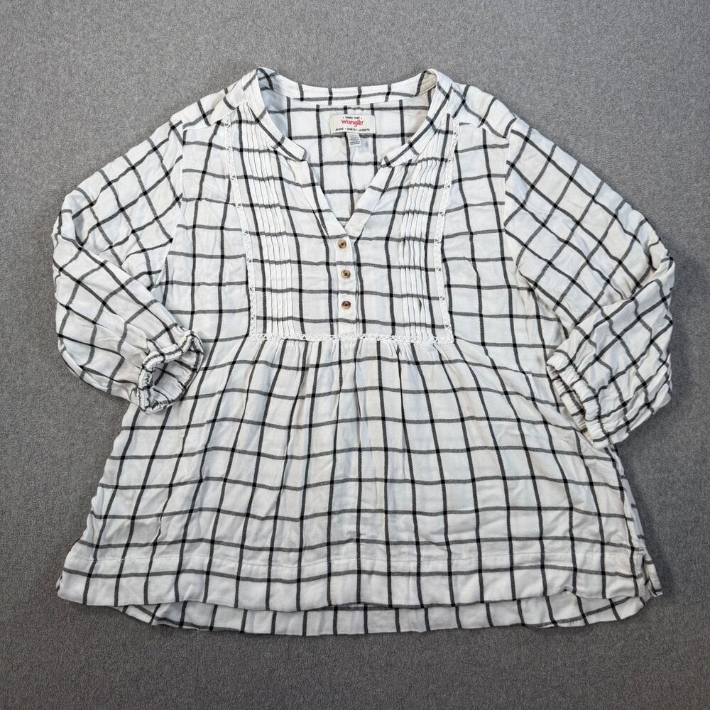 Wrangler Women's Large Cream Plaid Pleated V-Neck 3/4 Sleeve Peasant Blouse Top